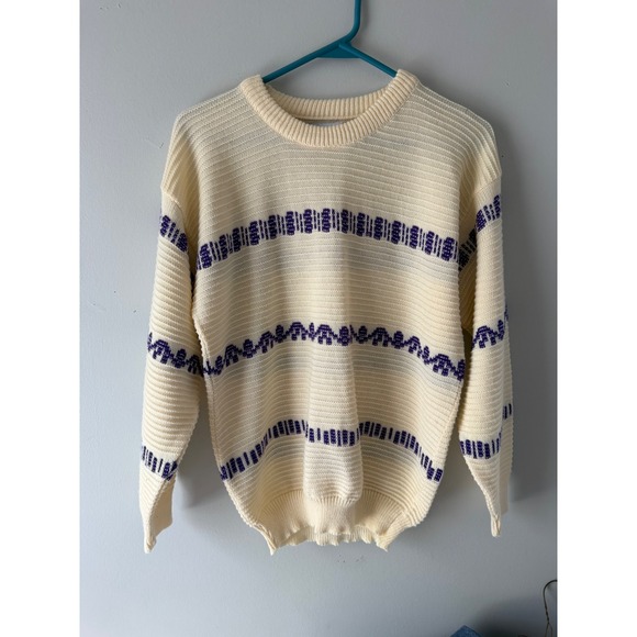 American Pride Other - Vintage American Pride Crew Neck Knit Sweater Cream Purple Stripes Made in USA L